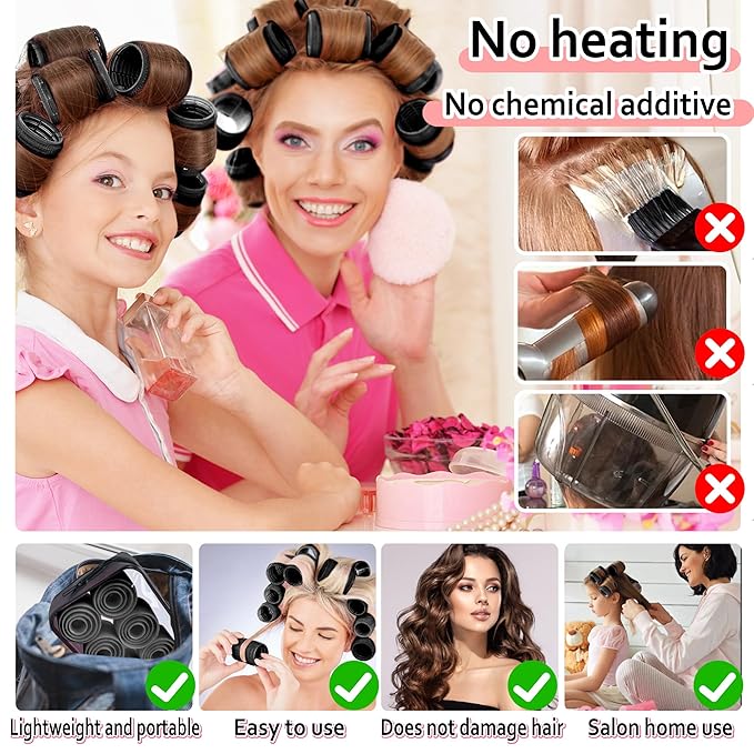 4 Sizes Self-Grip Hair Rollers Set with Clips - 4 Sizes for Long, Short Hair & Bangs (25mm, 36mm, 48mm, 60mm), (BLACK, 4 Sizes)