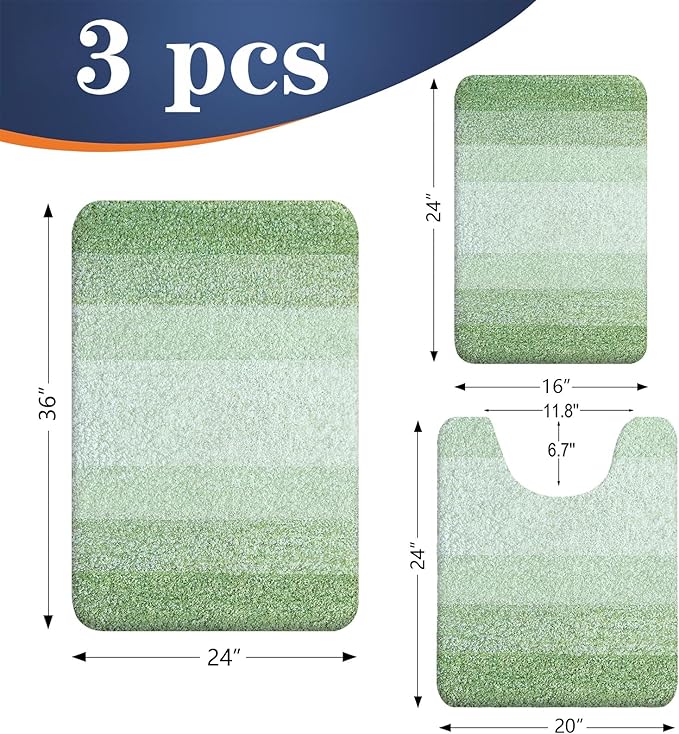 OLANLY Bathroom Rugs Sets 3 Piece, Soft Absorbent Microfiber Bath Mats and U-Shaped Contour Toilet Rug, Plush Shaggy Bath Mat Set for Bathroom (36"x24"+24"x16"+24"x20", Sage Green)
