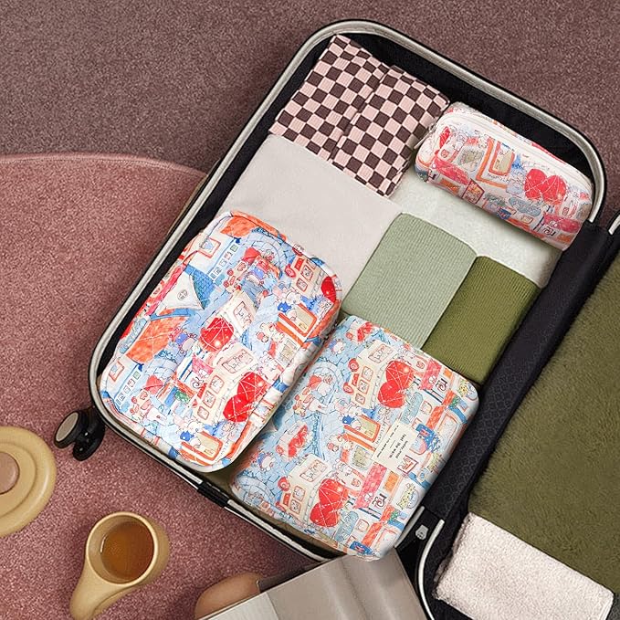 3Pcs Cotton Quilted Makeup Bag Large Travel Cosmetic Bag Coquette Makeup Pouch Cute Aesthetic Floral Toiletry Bag for Women Girls