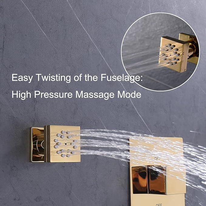 Polished Gold Shower Jet, 1 PCS Wall Mount Body Massage Body Jet with Rain & Spray Mode