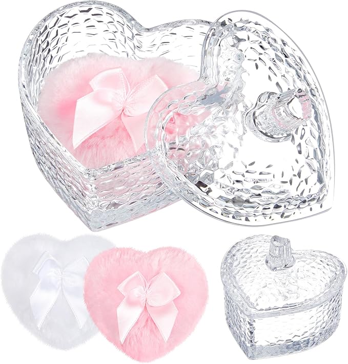 Tioncy 3 Pcs Large Body Powder Puff and Container Valentine's Day gift Powder Container with Puff Crystal Case Soft Washable Reusable Velour Face Body Glitter Wet Dry Makeup(Hammered Heart,Clear)