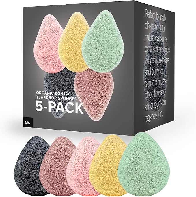 Minamul Konjac Exfoliating Organic Facial Sponge Set | Gentle Daily face Scrub/Skincare | Safe for Oily, Dry, Combination or Sensitive Skin | Charcoal, Turmeric, French Green, Red & Pink Clay