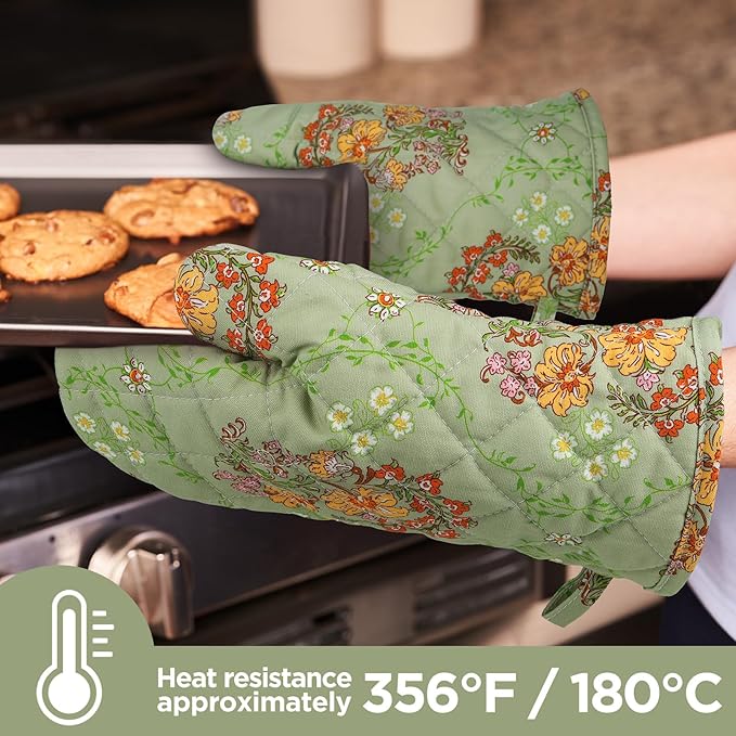 Oven Gloves Extra Long Cotton Cooking Gloves with Non-Slip Striped Baking Gloves for Cooking Baking Grilling - 2PCS