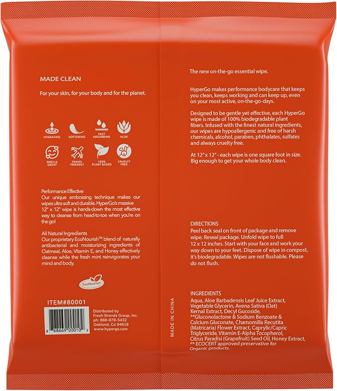 HyperGo Full-Body Rinse-Free Hypoallergenic Biodegradable Bathing Wipes –All Natural, Refreshing Anytime Anywhere, Post Workout, Camping, Travel, Daily Life, 12”x12” X-Large 20-count, Unscented 1 Pack