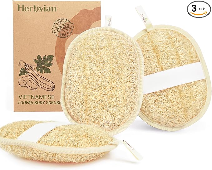Vietnamese Natural Loofah Exfoliating Body Scrubber Pads, 100% Plant-Based Shower Luffa Sponge, Bath Loofah for Women Men (3, Oval 6.5"x4.9")