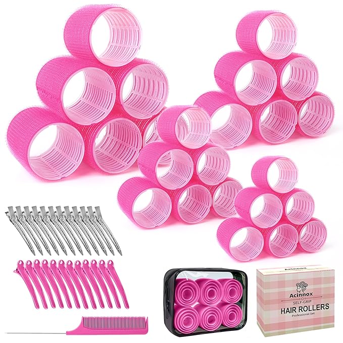 4 Sizes Self-Grip Hair Rollers Set with Clips - 4 Sizes for Long, Short Hair & Bangs (25mm, 36mm, 48mm, 60mm),(Rose Red, 4 Sizes)