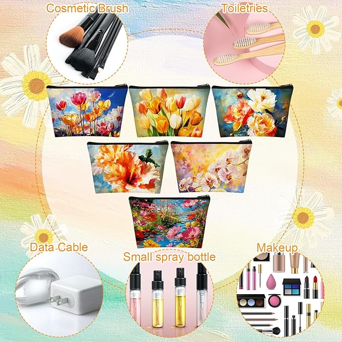 Sweetude 12 Pcs Oil Painting Flowers Makeup Bag Bulk Portable Travel Cosmetic Bags with Zipper Retro Floral Waterproof Roomy Travel Beauty Toiletry Organizer Storage Pouch for Women Gifts