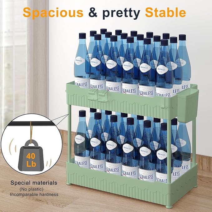 2 Pack Under Sink Organizer, Under Bathroom Cabinet Organizer with Hooks Hanging Cup, Multi-Purpose Storage Shelf for Kitchen Bathroom (Green, 12.8 Inch)