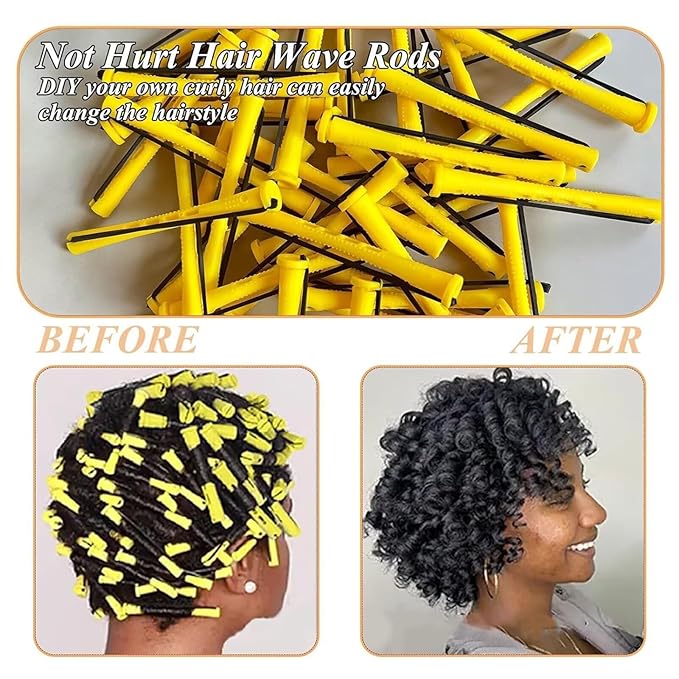 Perm Rods Set for Natural Hair 40Pcs Yellow Plastic Cold Wave Rods Hair Curling Rollers Small Size 0.28 Inch For Short Long DIY Hairdressing Styling