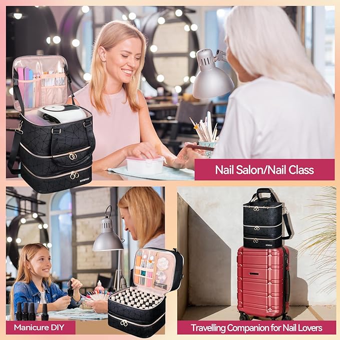 Nail Polish Organizer Bag Holds 126 Bottles (15ml/0.5fl.oz)& Nail Lamp, 3 Layers Detachable Nail Kit Storage Case PU Leather, Large Travel Nail Supplies Shoulder Bag for Manicure Tools (Black)
