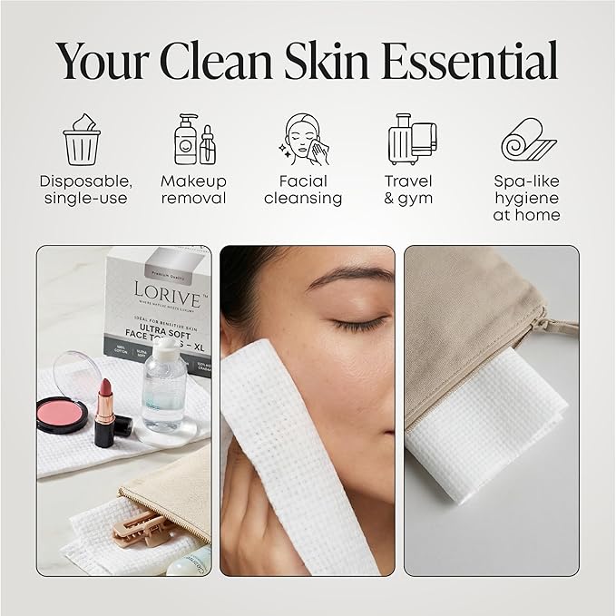 Disposable Face Towels XL 10 x 12, 60 Count – 100% Cotton Clean Skin Towels, Ultra Soft Lint Free Face Towelettes for Skincare & Makeup Removal, Thick Facial Dry Wipes for Sensitive Skin