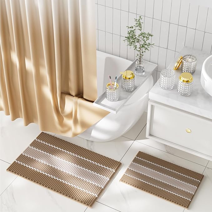 Bathroom Sets with Shower Curtain and Rugs and Accessories, Glass Bathroom Accessories Set Clear Bathroom Set Bathroom Sets, Beige Bath Mat and Diamond Soap Dispenser for Bathroom Decor