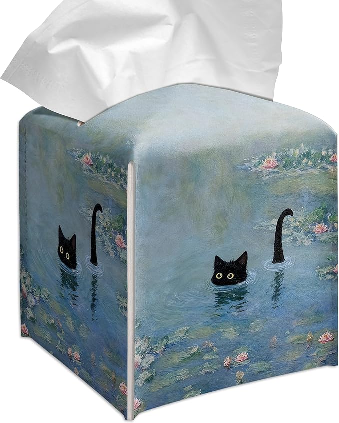 Grace Yonks Art Tissue Box Cover Square - Black Cat in Water Lilies Design 5.2" PU Leather Holder for Vanity, Desk, or Bathroom Counter - Cube Case for Facial Tissues. (123)