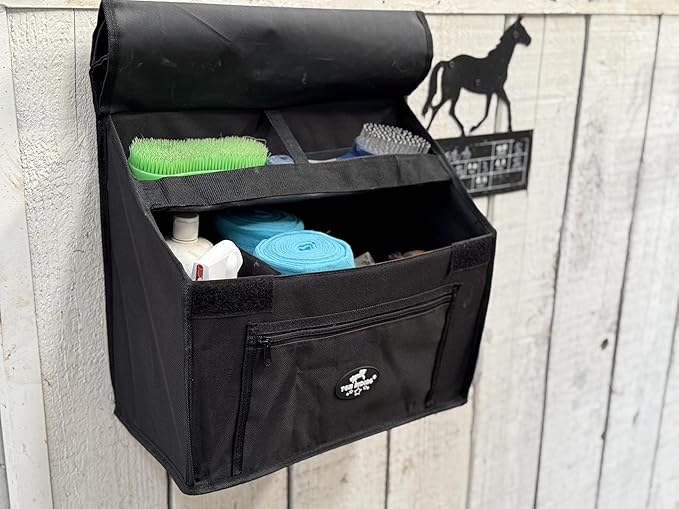 TGW RIDING Stall Front Organizer Bag, Black, Multi-Compartment Storage, Horse Grooming Supply Holder with Top Loading Design