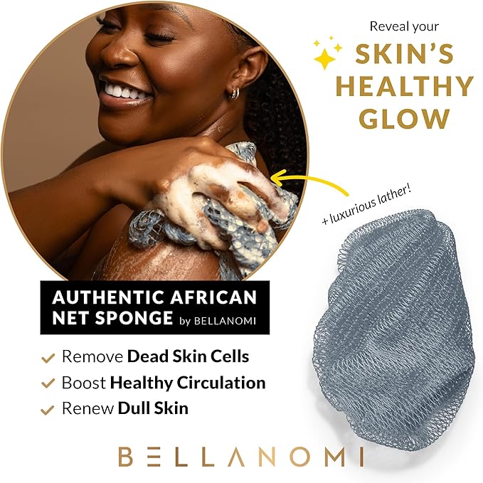 BELLANOMI African Exfoliating Net Sponge, Authentic, Ethically sourced from Nigeria, 45 inches Long, Back Scrubber for Daily use (Slate)