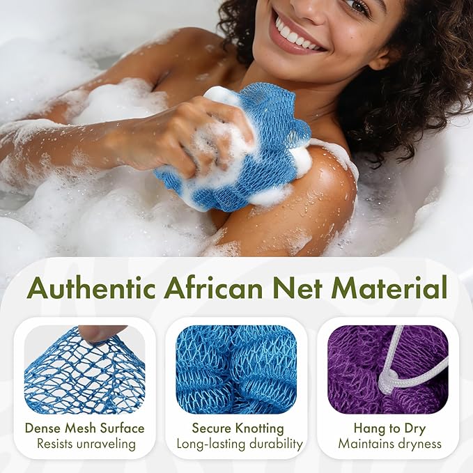 Loofah Bath Sponge, 2 Pack African Net Sponge Authentic, Exfoliating Shower Loofah Body Scrubber for Men and Women, Mesh Shower Pouf Balls for Body Wash