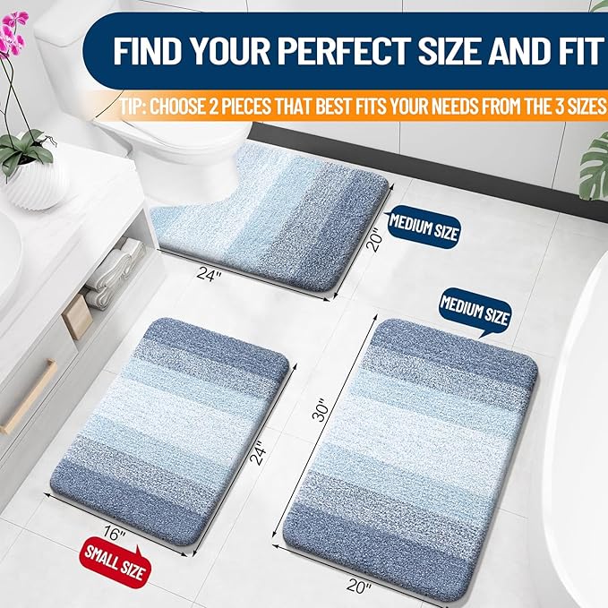OLANLY Bathroom Rug Set 2 Piece, Soft Absorbent Microfiber Bath Rug Set, Non-Slip, Machine Wash Dry, Plush Shaggy Bath Mats for Bathroom (30"x20"+24"x16", Blue)