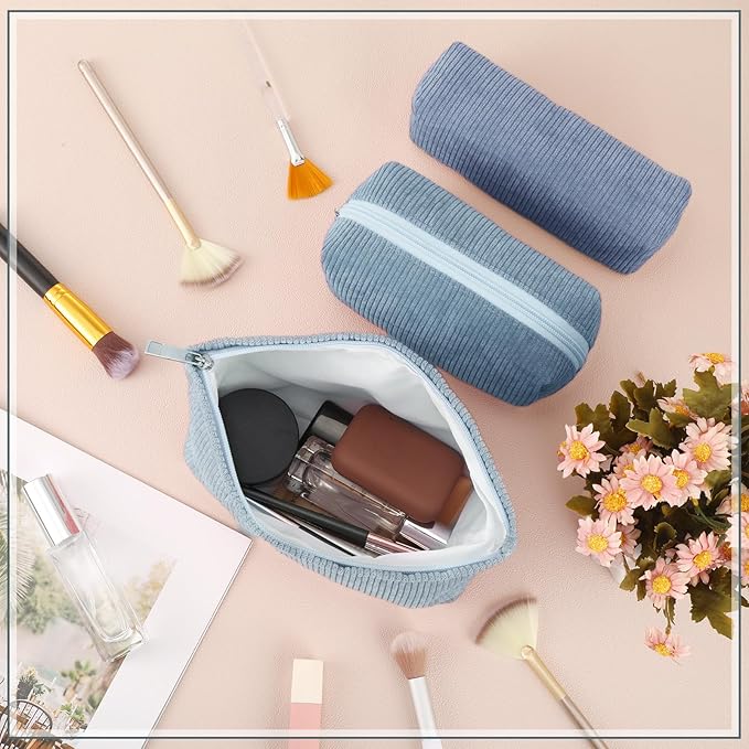 3 Pcs Makeup Bag Set for Women Corduroy Cosmetic Pouch Aesthetic Smile Travel Toiletry Bag Cute Purse Pouch Pencil Case Makeup Brushes Storage Organizer with Zipper(Blue,Gradient)