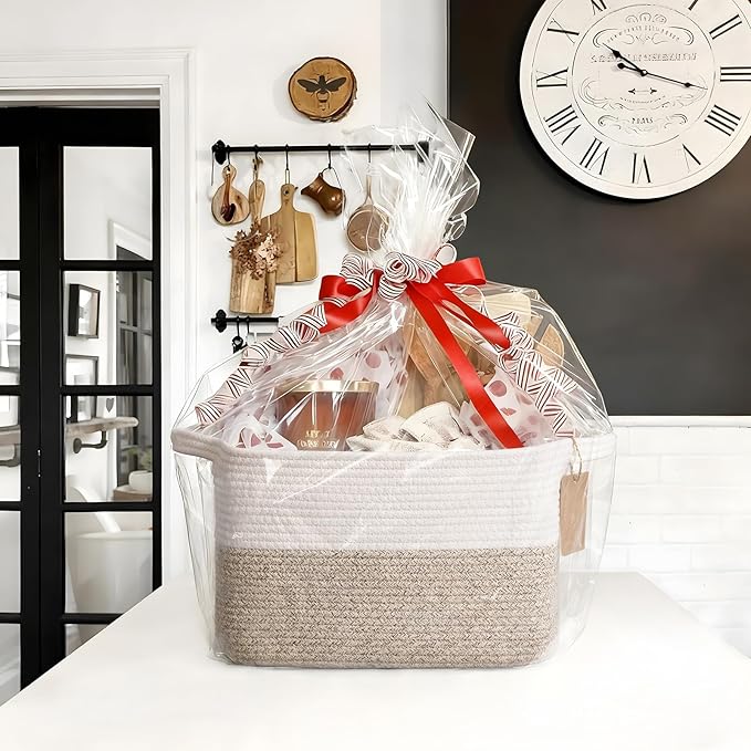 Goodpick Woven Storage Basket, Cotton Rope Basket for Dog Toys, Books, Stylish Gift Basket with Handles, 13 x 10 x 9 Inches Square Baskets for Organizing, Brown and White