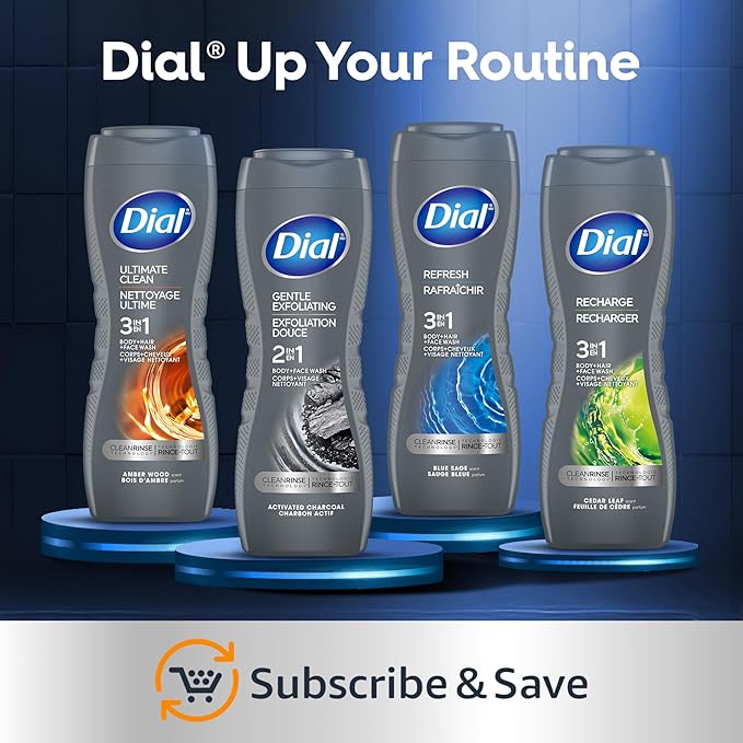 Dial Men 3 in 1 Body,Hair and Face Wash,Refresh,16 Fl Oz,Cleanses Deep + Gentle on Skin with Clean Rinse Technology,(Pack of 6)