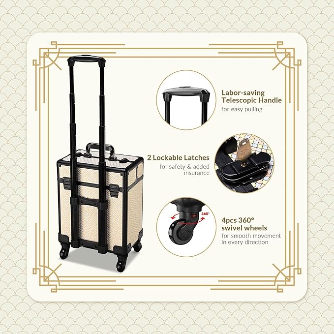 BYOOTIQUE Rolling Makeup Train Case on Wheels 3-Piece Hairdressing Brush Bags Cosmetology Art Deco Pastel
