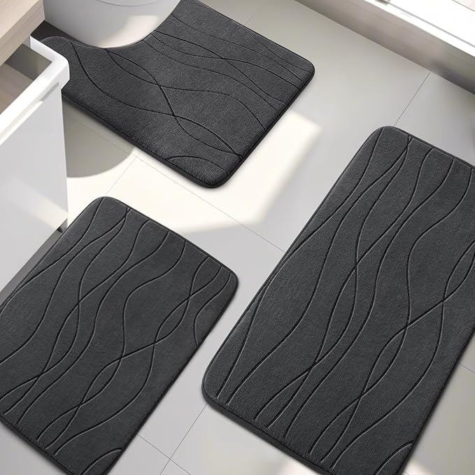 YIHOUSE Memory Foam Bathroom Rug Set, 3 Pieces - Dark Grey (Ultra Soft, Absorbent, Non-Slip, Machine Washable)