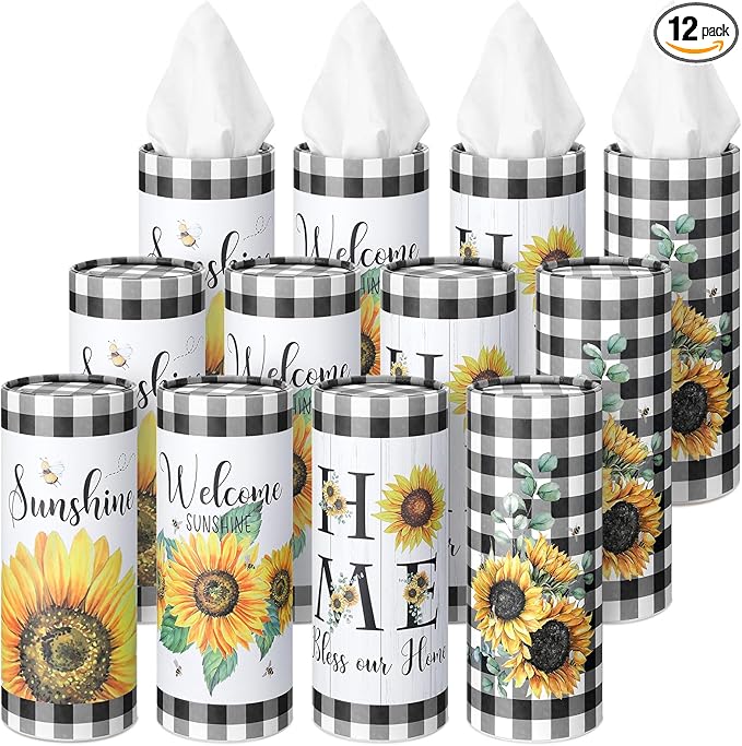 12 Pack Sunflower Tissue Boxes for Car Cylinder Bulk Black White Plaid Flower Round Cylinder Holder with 3 Ply Facial Tissues for Spring Summer Travel Bathroom Office Decoration