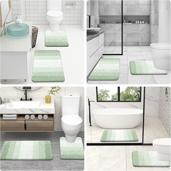 OLANLY Bathroom Rugs Sets 3 Piece, Soft Absorbent Microfiber Bath Mats and U-Shaped Contour Toilet Rug, Plush Shaggy Bath Mat Set for Bathroom (36"x24"+24"x16"+24"x20", Sage Green)
