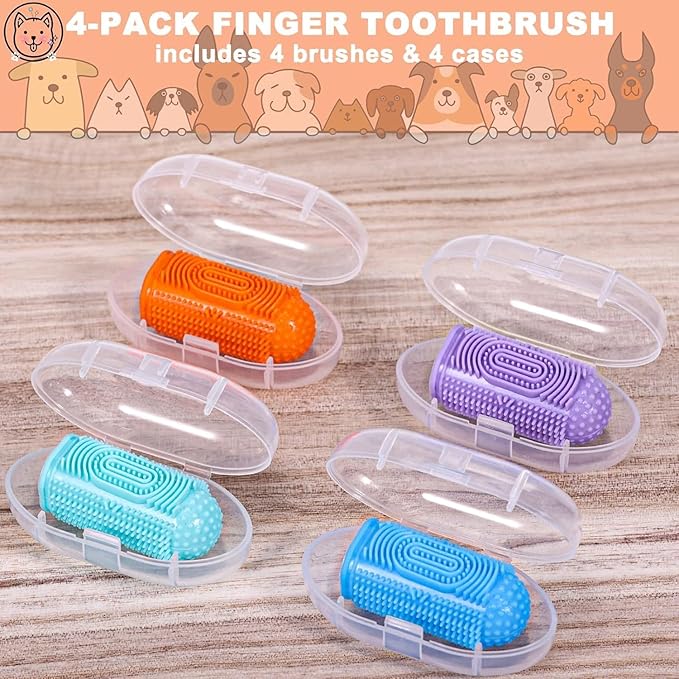 Dog Finger Toothbrush 4-Pack – Pet Tooth Brushing Kit for Dogs & Cats, Puppy & Adult Dental Care – Soft Silicone Finger Brushes for Teeth Cleaning (Blue, Green, Orange, Purple)