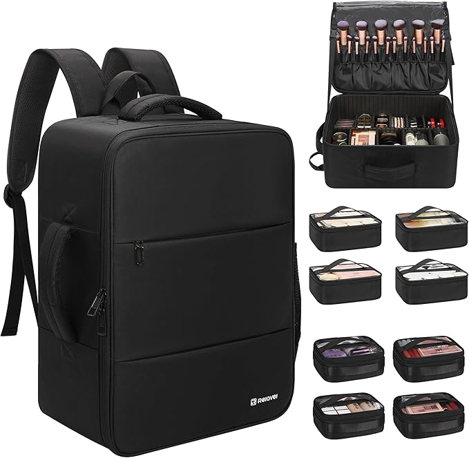 Relavel Makeup Backpack Extra Large Travel Train Case Professional Makeup Artist Kit Set Bag with 8 Clear Bags, Brush Storage Organizer Box with Dividers for Cosmetic Hair Tools Barber Supplies