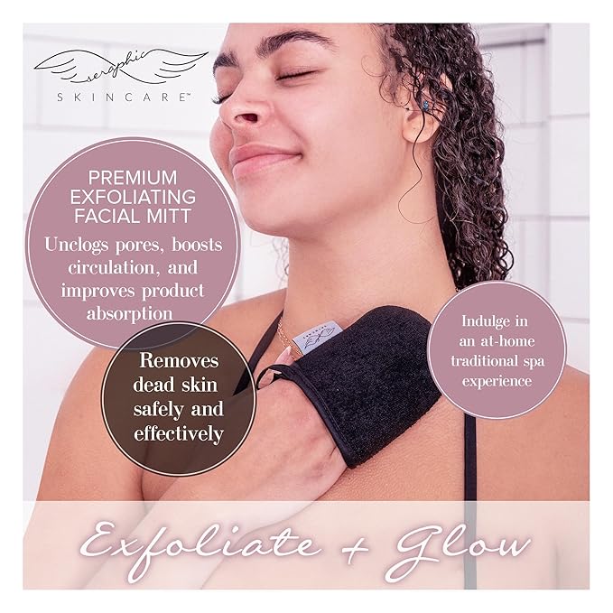 Seraphic Skincare Premium Exfoliating Facial Mitt (2pc) – Dual-Sided Face Scrubber Exfoliator & Dead Skin Remover, Makeup Remover for Gentle Cleansing & Exfoliation – Korean Face Exfoliating Glove