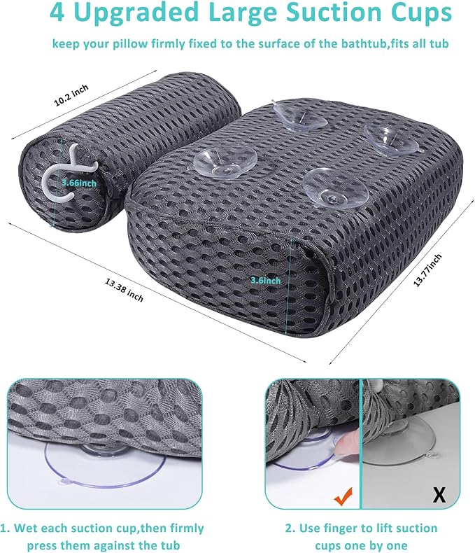Bath Pillow for Tub Support Neck and Back, Bathtub Pillow Bath Accessories for Bathtub Women, Hot Tub Accessories for Adults Gray