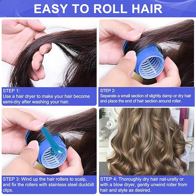Hair Rollers, 12 Pack Hair Curler Large Hair Rollers for Women, Self Grip Hair Roller with Clips, Blue