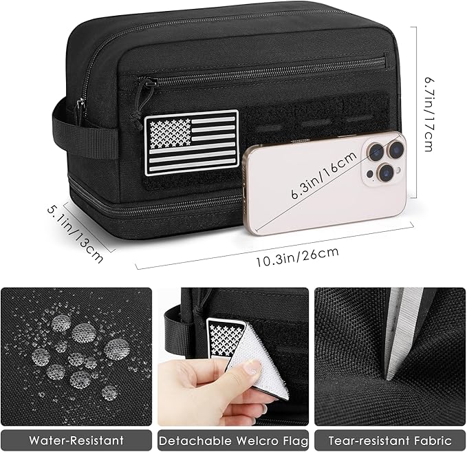 ETRONIK Tactical Toiletry Bag for Men, Travel Hygiene Bag with Double-layer, Hanging Toiletry Bag Water-Resistant Shaving Dopp Kit with EDC Molle Pouches, Bathroom Shower Makeup Bag Women, Black