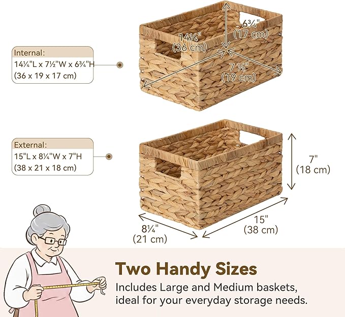 GRANNY SAYS Wicker Storage Baskets for Shelves, Wicker Baskets for Organizing, Water Hyacinth Woven Basket for Storage, Rectangle Basket for Pantry, Laundry, 2-Pack