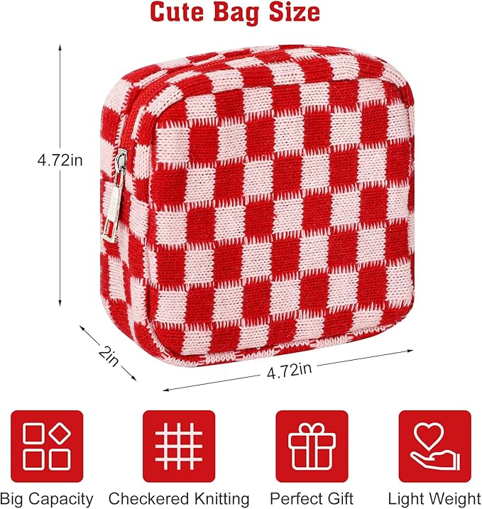Sanitary Napkin Storage Bag, Menstrual Pad Zipper Bag Checkered Portable Period Bag Panty Liners, Tampon Storage Pouch for Women Ladies Daily Use Storage Purse Travel