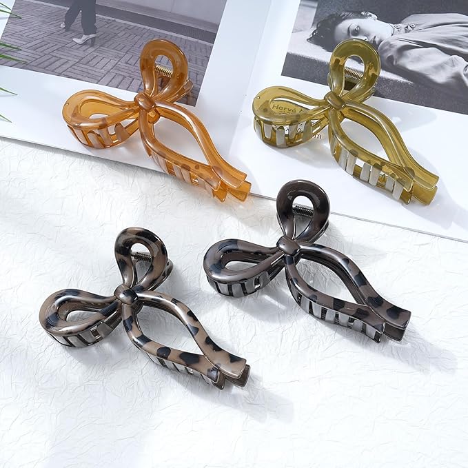 4 PCS Bow Hair Clips Bow Claw Clip for Women Nonslip Large Hair Claw Clips for Thin and Thick Hair Strong Hold Hair Bows (Yellow+Brown+Black Leopard Print+Brown Leopard Print)