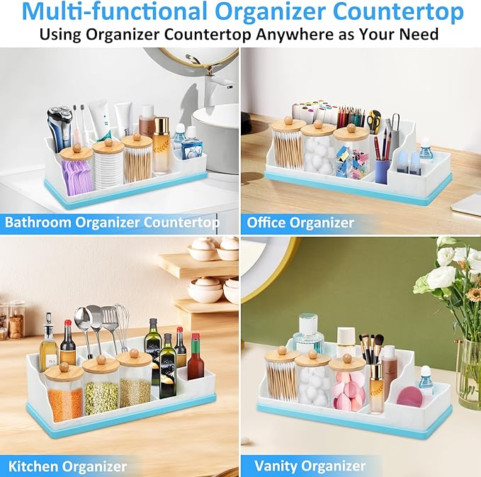 Bathroom Counter Organizer, Large Silicone Toothbrush Holders for Bathrooms with 3PCS Qtip Holder, Detachable Bathroom Organizer Countertop Toothbrush and Toothpaste Holder Makeup Organizer for Vanity