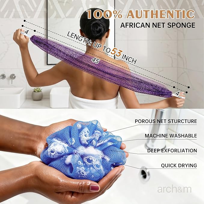 ARCH&M African Exfoliating Net Sponge - Authentic African Net Sponge with Knots for Daily Use Afroscrub Exfoliating Wash Cloths for Body Scrubber Back Scrub Exfoliator for Shower Bath Accessories