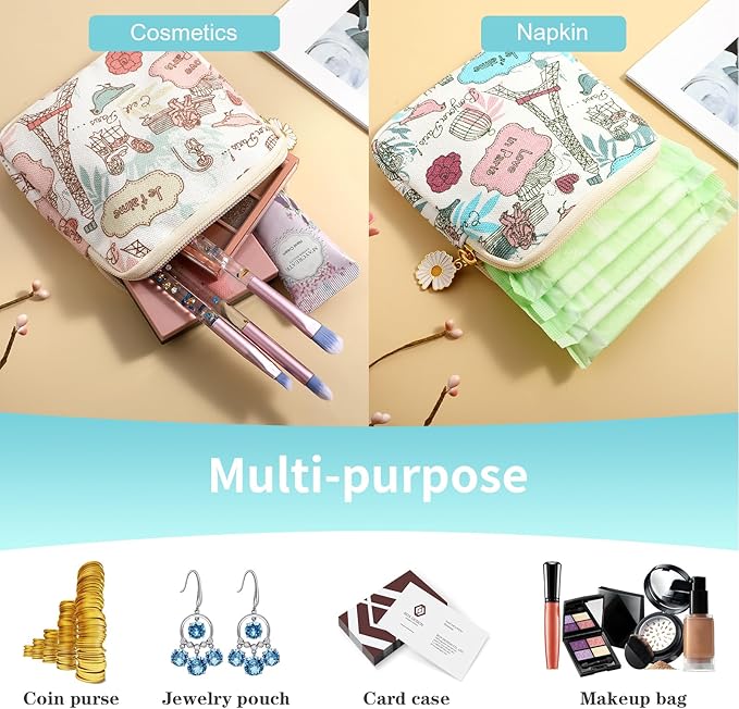 Amabro Sanitary Napkin Storage Bag, 2PCS Period Bags Cute Sanitary Pad Storage Pouch Tampon Pantyliners Menstrual Purse Daisy Zipper for Women Teen Girls School Travel Feminine Product(Tower)