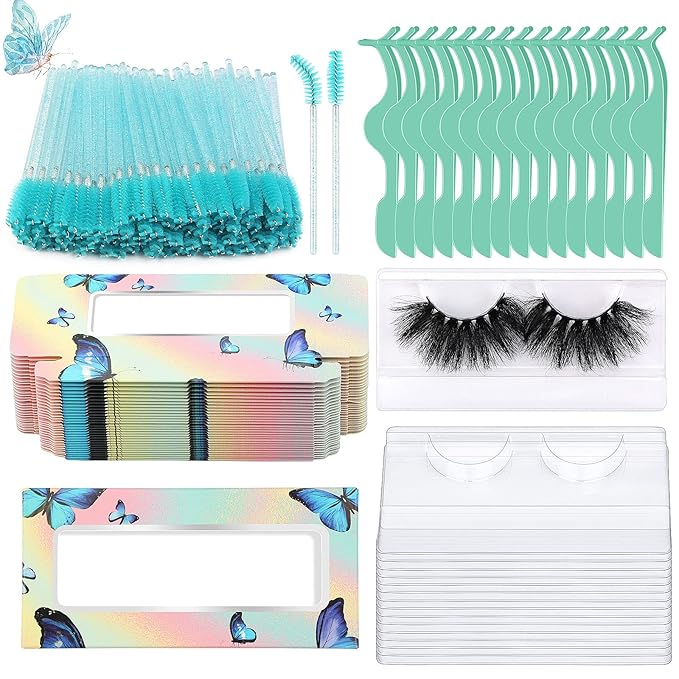 175 Pieces Lash Packaging Wholesale, Include 30 Empty Eyelashes Packaging Box, 30 False Lash Trays, 15 Eyelash Tweezers and 100 Eyelash Brush Mascara Wands Disposable (Green)
