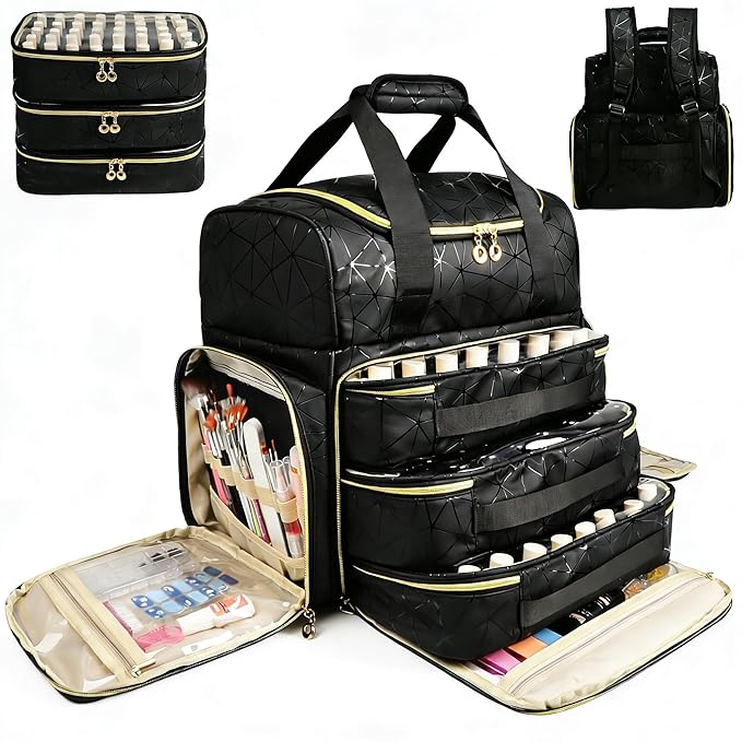 Nail Polish Organizer Backpack Holds 130 Bottles (15ml/0.5fl.oz)& Nail Lamp, Extra Large Nail Kit Storage Bag with 3 Removable Carrying Cases, Nail Tech Supplies Organizer Case for Women Black