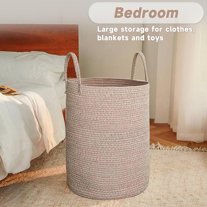 Large Woven Laundry Basket Hamper,100L Cotton Rope Storage Bin for Blankets,Toys and Clothes,Decorative Tall Nursery Hamper for Living Room,Baby Nursery,Bathroom and Bedroom,Oatmeal