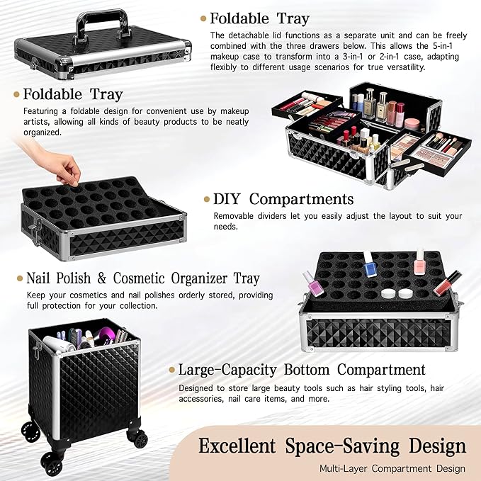 5 in 1 Rolling Makeup Train Case Professional Cosmetic Trolley Large Storage Organizer on Wheels for Hairstylist Artist Nail Beauty Salon Barber Black