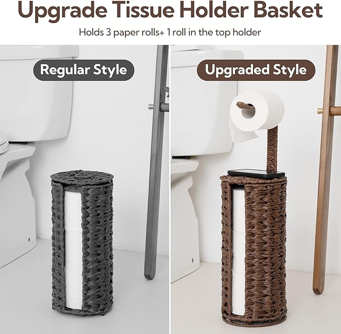 GRANNY SAYS Wicker Freestanding Toilet Paper Holder Stand with Storage, Modern Covered Toilet Paper Stand for 4 Rolls with Shelf for Wet Wipes, Tissue Holder for Bathroom Decor and RV, Brown