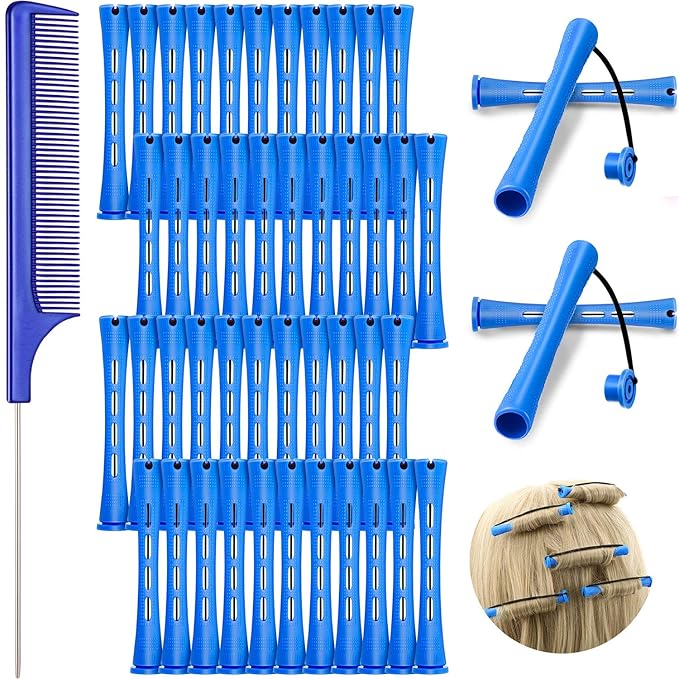48 Pieces Cold Wave Plastic Curlers with Steel Pintail Rat Tail Comb for Hairdressing and Styling (Blue, 0.35 Inch/ 0.9 cm)