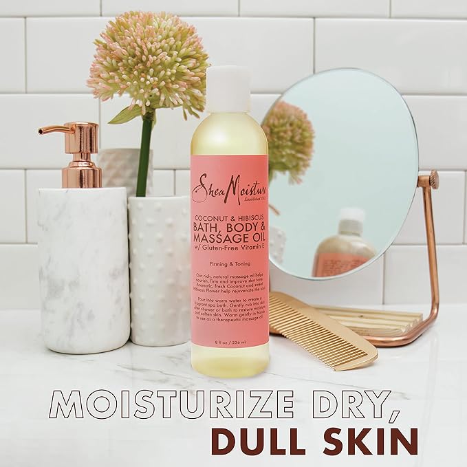 Shea Moisture Coconut & Hibiscus Massage Oil and Body Oil for Dry Skin, Bath Oil with Coconut Oil and Vitamin E Oil for Skin, 8 oz