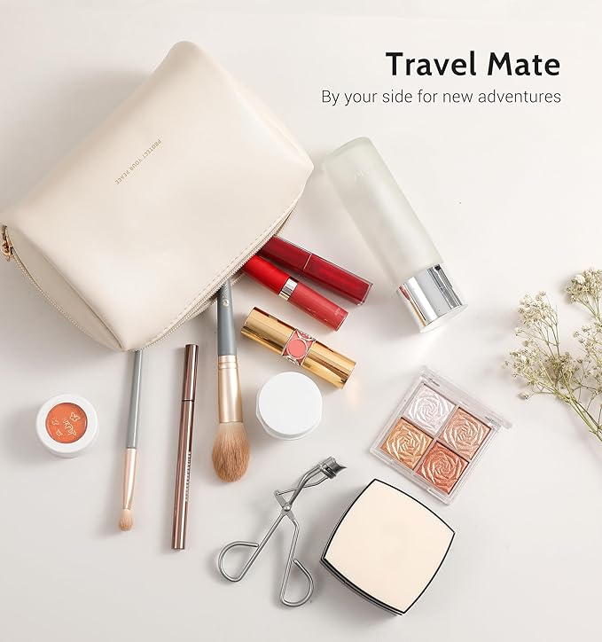 Aveniee Travel Makeup Bag Small, Vegan Leather Cosmetic Pouch for Purse, Wide-open Toiletry Organizer with Dividers & Zipper for Women-Beige