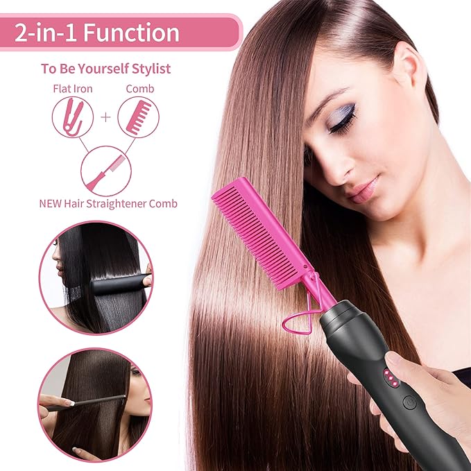 Hot Comb Hair Straightener Pressing Combs - Ceramic Electric Hair Straightening Comb, Curling Iron for Natural Black Hair Beard Wigs Holiday Gift - Pink