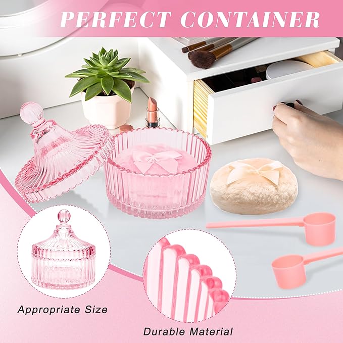 5PCS Body Powder Puff and Container, Coolrunner Crystal Clear Powder Container with Powder Spoon, Dusting Powder with Puff for Women, Washable Reusable (Pink)